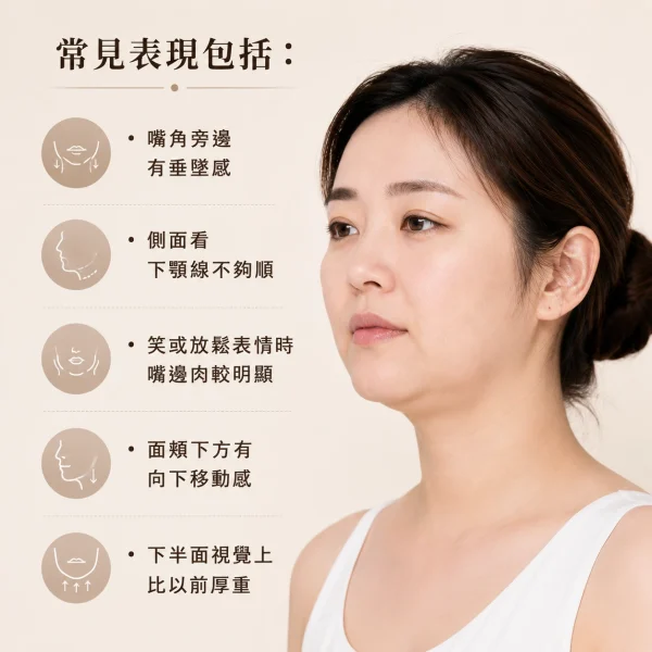 嘴邊肉及面頰下移型：下半面開始有重量感