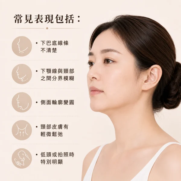 下巴下方及頸部連接型：側面輪廓不夠清晰