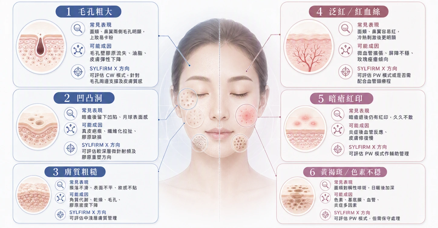 毛孔、凹凸洞、泛紅、粗糙感，應該點樣分？